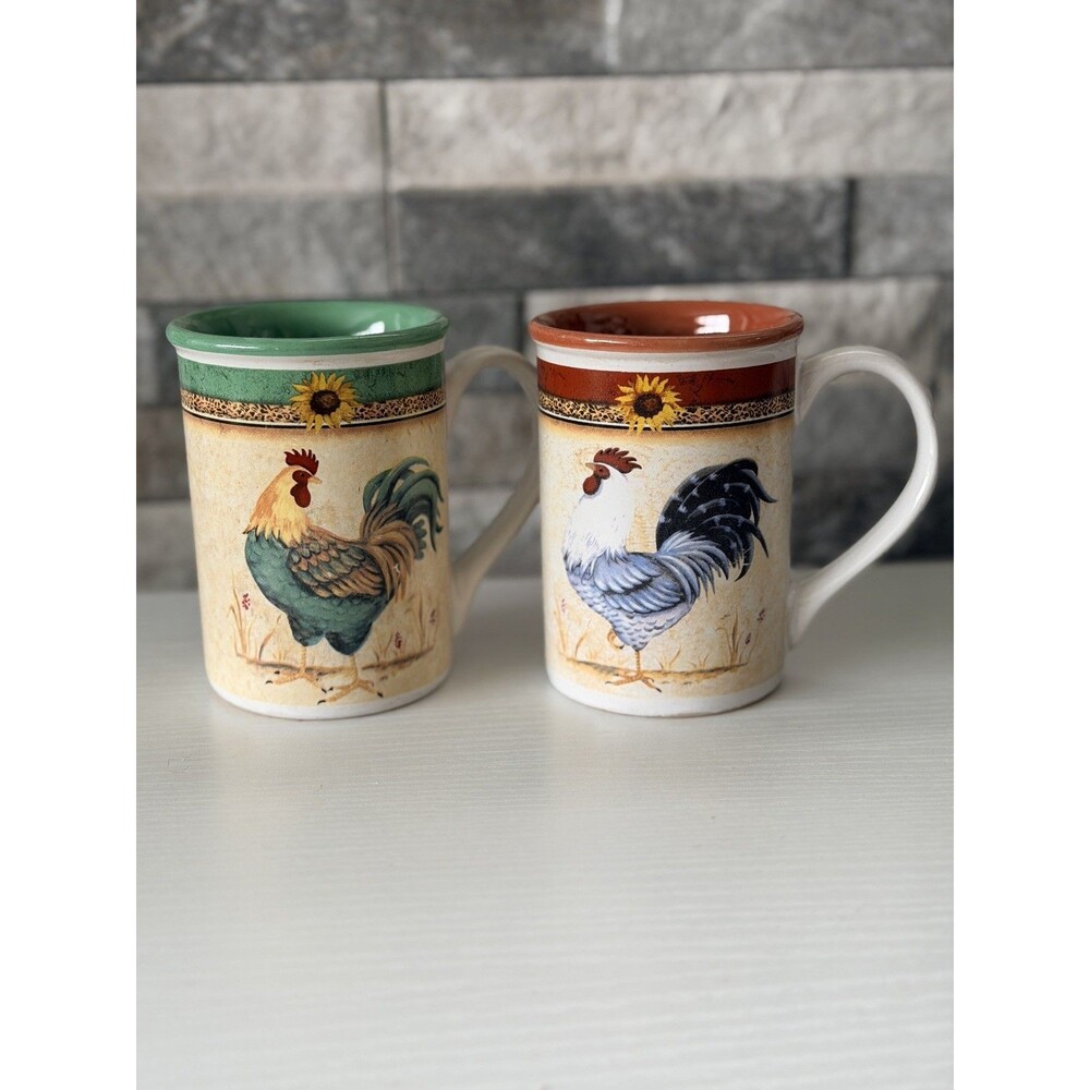 Gibson Daybreak Rooster Sunflower Coffee Mugs Farmhouse Country Style set of 2